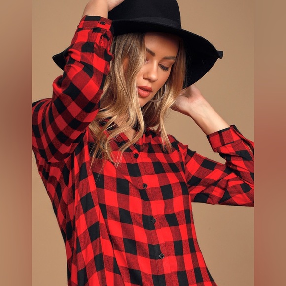 BB Dakota Squared Up Red Plaid Button-Up Shirt Dress - Picture 2 of 5